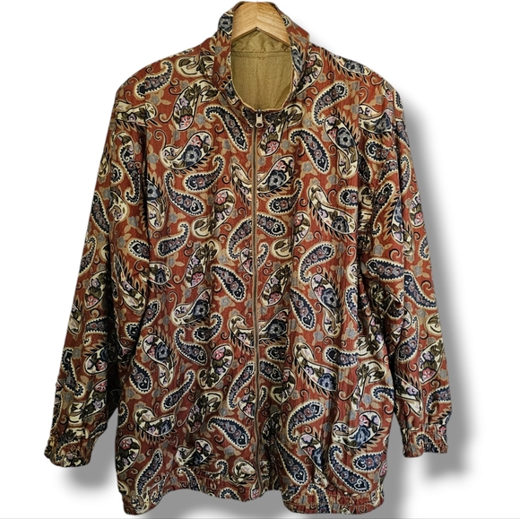 Vintage 90s Track Jacket Windbreaker Bomber Size 2X Paisley Tan Reversible Retro - Picture 1 of 15
